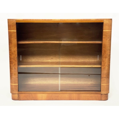 120 - ART DECO DISPLAY CASE, walnut and satinwood with two sliding glass doors, 106cm W x 84cm H x 31cm D.