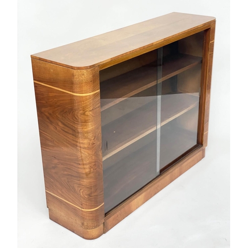 120 - ART DECO DISPLAY CASE, walnut and satinwood with two sliding glass doors, 106cm W x 84cm H x 31cm D.