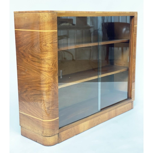 120 - ART DECO DISPLAY CASE, walnut and satinwood with two sliding glass doors, 106cm W x 84cm H x 31cm D.