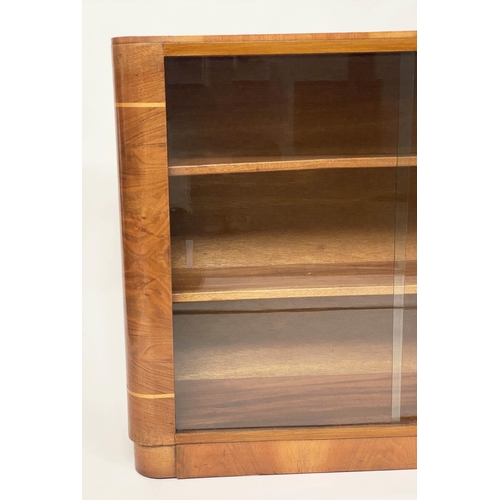 120 - ART DECO DISPLAY CASE, walnut and satinwood with two sliding glass doors, 106cm W x 84cm H x 31cm D.