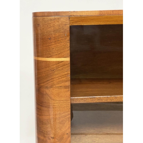 120 - ART DECO DISPLAY CASE, walnut and satinwood with two sliding glass doors, 106cm W x 84cm H x 31cm D.