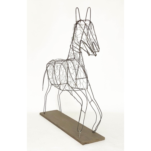 122 - WIREWORK HORSE, galvanised wire work in the form of a foal on stand, 11cm H x 93cm W x 22cm D.