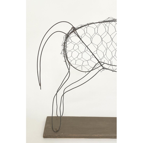 122 - WIREWORK HORSE, galvanised wire work in the form of a foal on stand, 11cm H x 93cm W x 22cm D.