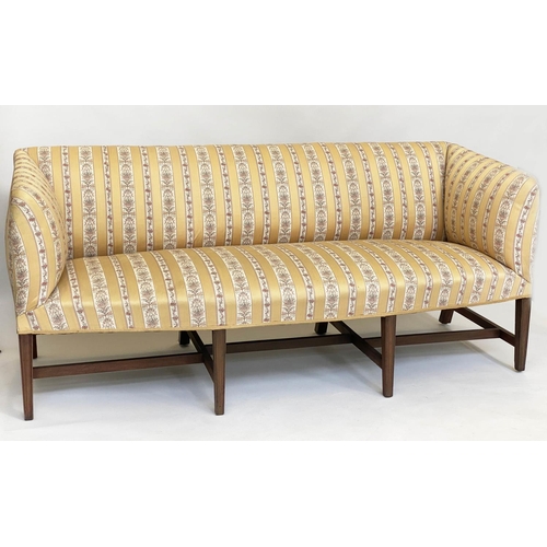 123 - SOFA, George III design mahogany with Regency 'milk' stripe upholstery and stretchered supports, 203... 