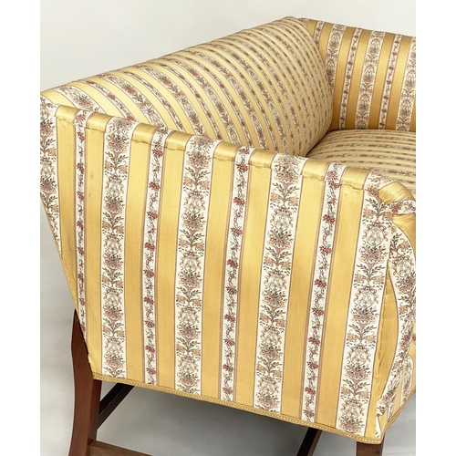 123 - SOFA, George III design mahogany with Regency 'milk' stripe upholstery and stretchered supports, 203... 