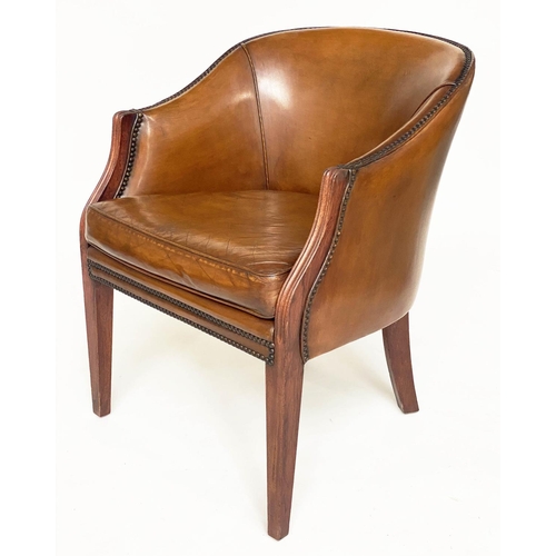 126 - LIBRARY/DESK ARMCHAIRS, a pair, early 20th century mahogany each with studded tan leather upholstery... 