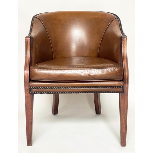 126 - LIBRARY/DESK ARMCHAIRS, a pair, early 20th century mahogany each with studded tan leather upholstery... 