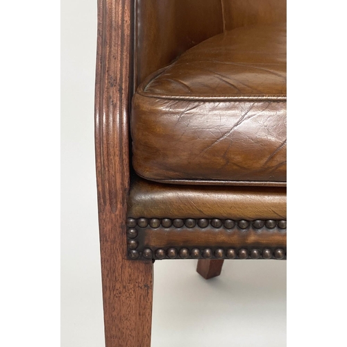 126 - LIBRARY/DESK ARMCHAIRS, a pair, early 20th century mahogany each with studded tan leather upholstery... 