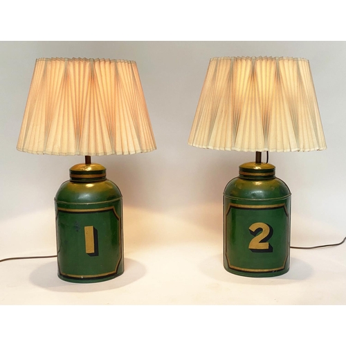 127 - TEA CANNISTER TOLEWARE LAMPS, a pair late 19th/early 20th century, green painted toleware converted ... 