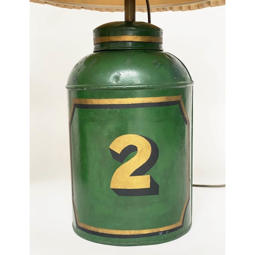 127 - TEA CANNISTER TOLEWARE LAMPS, a pair late 19th/early 20th century, green painted toleware converted ... 