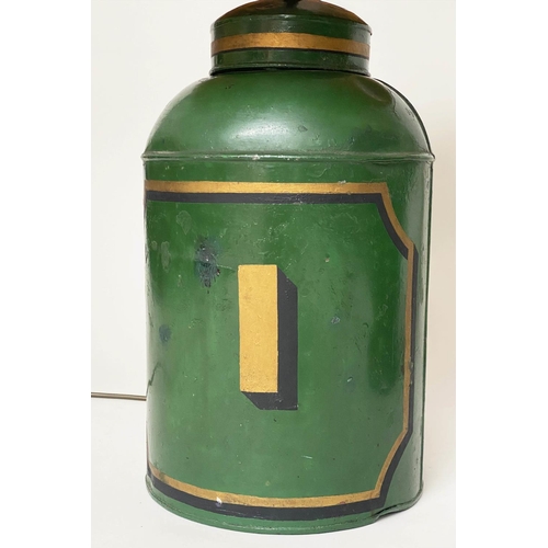 127 - TEA CANNISTER TOLEWARE LAMPS, a pair late 19th/early 20th century, green painted toleware converted ... 