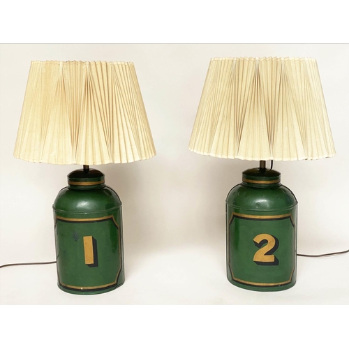 127 - TEA CANNISTER TOLEWARE LAMPS, a pair late 19th/early 20th century, green painted toleware converted ... 