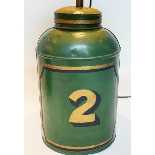 127 - TEA CANNISTER TOLEWARE LAMPS, a pair late 19th/early 20th century, green painted toleware converted ... 