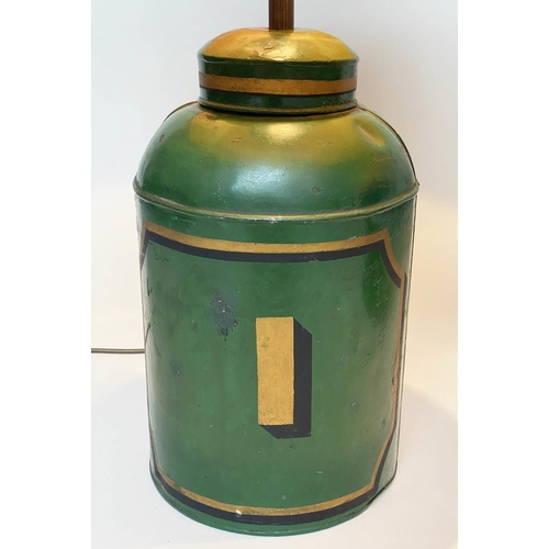 127 - TEA CANNISTER TOLEWARE LAMPS, a pair late 19th/early 20th century, green painted toleware converted ... 