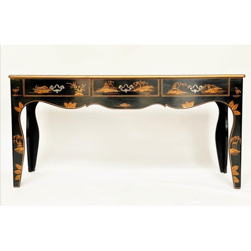 129 - HALL/CENTRE TABLE, lacquered and gilt chinoiserie decorated with three frieze drawers and shaped apr... 