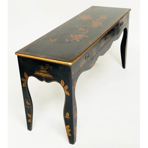 129 - HALL/CENTRE TABLE, lacquered and gilt chinoiserie decorated with three frieze drawers and shaped apr... 