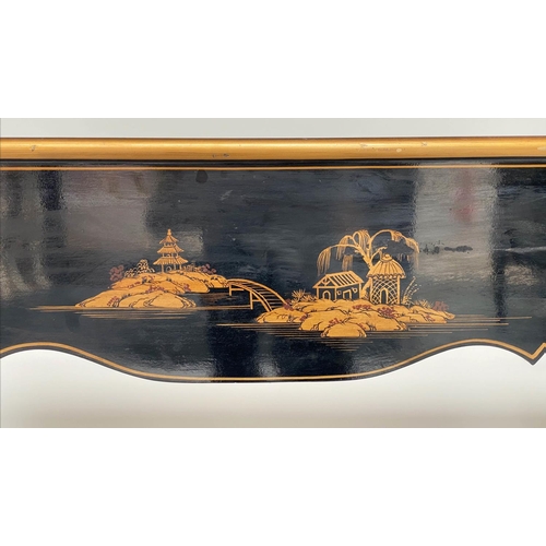 129 - HALL/CENTRE TABLE, lacquered and gilt chinoiserie decorated with three frieze drawers and shaped apr... 