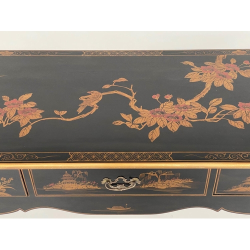 129 - HALL/CENTRE TABLE, lacquered and gilt chinoiserie decorated with three frieze drawers and shaped apr... 