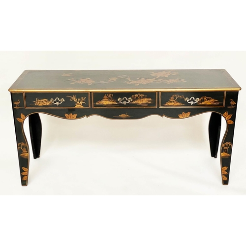 129 - HALL/CENTRE TABLE, lacquered and gilt chinoiserie decorated with three frieze drawers and shaped apr... 