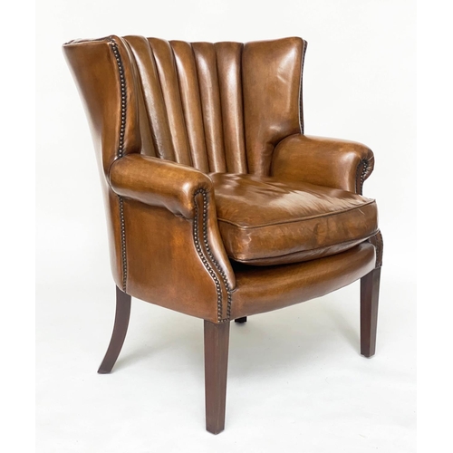 132 - BARREL-BACK ARMCHAIR, mid brown brass-studded tan hide leather upholstered with bowed ribbed back by... 