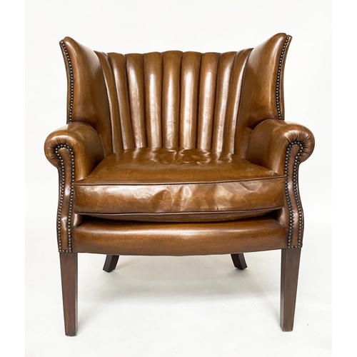 132 - BARREL-BACK ARMCHAIR, mid brown brass-studded tan hide leather upholstered with bowed ribbed back by... 