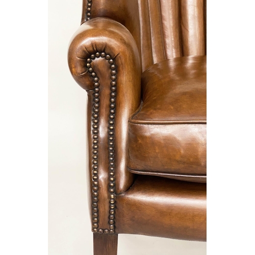 132 - BARREL-BACK ARMCHAIR, mid brown brass-studded tan hide leather upholstered with bowed ribbed back by... 