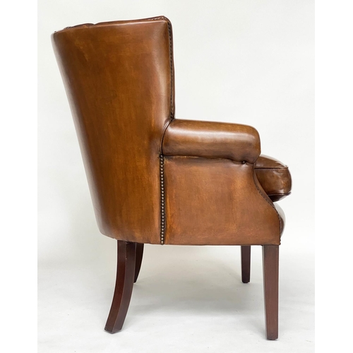 132 - BARREL-BACK ARMCHAIR, mid brown brass-studded tan hide leather upholstered with bowed ribbed back by... 