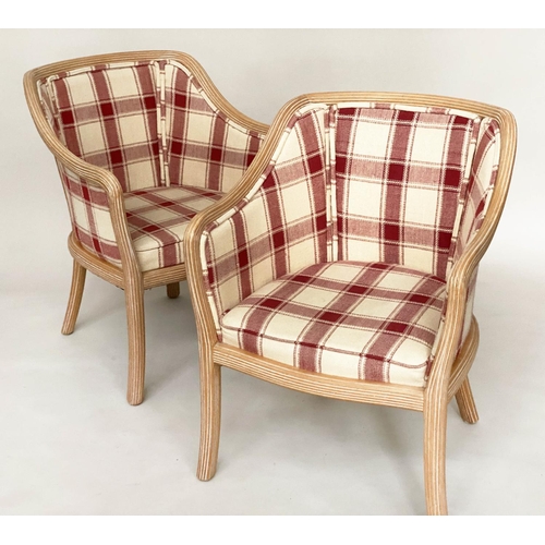 ARMCHAIRS, 52cm W, a pair, limed and reeded frame with downswept arms and check upholstery. (2)