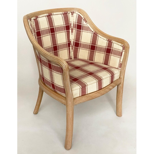 134 - ARMCHAIRS, 52cm W, a pair, limed and reeded frame with downswept arms and check upholstery. (2)