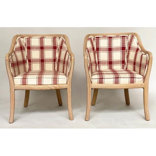 134 - ARMCHAIRS, 52cm W, a pair, limed and reeded frame with downswept arms and check upholstery. (2)