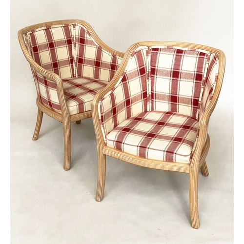 134 - ARMCHAIRS, 52cm W, a pair, limed and reeded frame with downswept arms and check upholstery. (2)