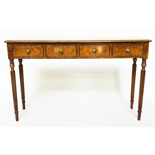 135 - HALL TABLE, George III design burr walnut and crossbanded with four frieze drawers and tapering supp... 