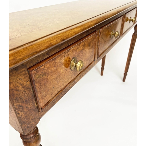 135 - HALL TABLE, George III design burr walnut and crossbanded with four frieze drawers and tapering supp... 