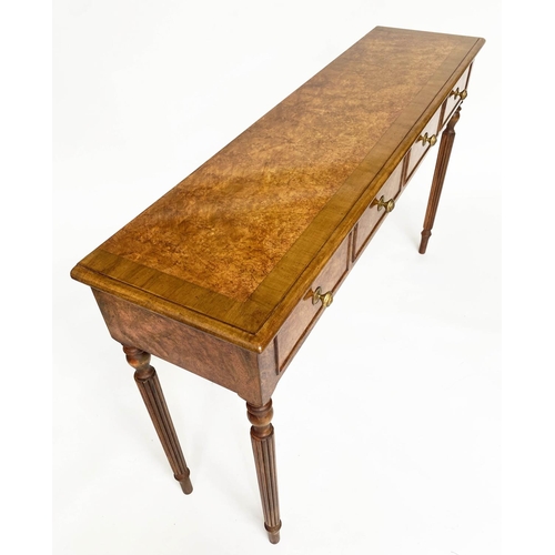 135 - HALL TABLE, George III design burr walnut and crossbanded with four frieze drawers and tapering supp... 