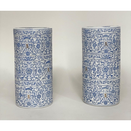 136 - CHINESE POTS, a pair, early 20th century blue and white ceramic of cylindrical lipped form and filig... 