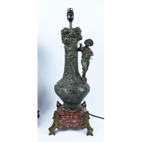 30 - FIGURAL TABLE LAMPS, early to mid 20th century spelter, raised on red marble bases with gilt metal f... 