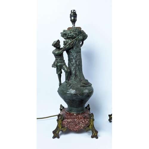 30 - FIGURAL TABLE LAMPS, early to mid 20th century spelter, raised on red marble bases with gilt metal f... 