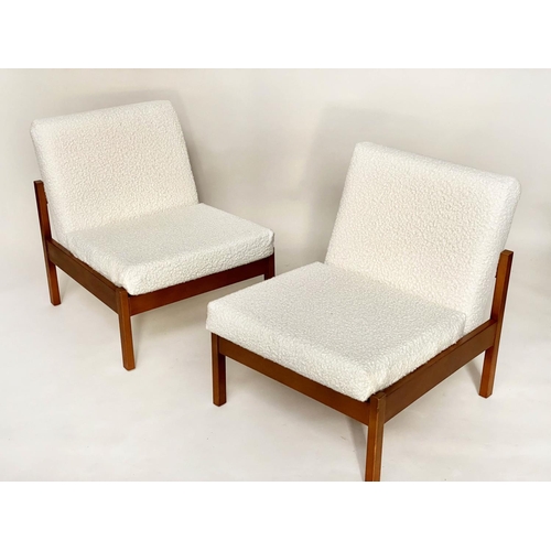 COCKTAIL CHAIRS, a pair, 1970s teak with bouclé upholstery, 61cm W. (2)
