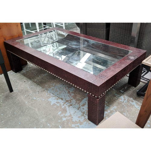 408 - COFFEE TABLE, 140cm x 80cm x 40cm, faux crocodile upholstered, mirrored interior covered by glass to... 