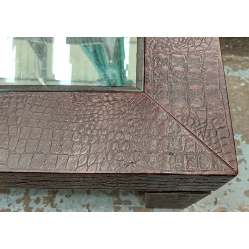 408 - COFFEE TABLE, 140cm x 80cm x 40cm, faux crocodile upholstered, mirrored interior covered by glass to... 