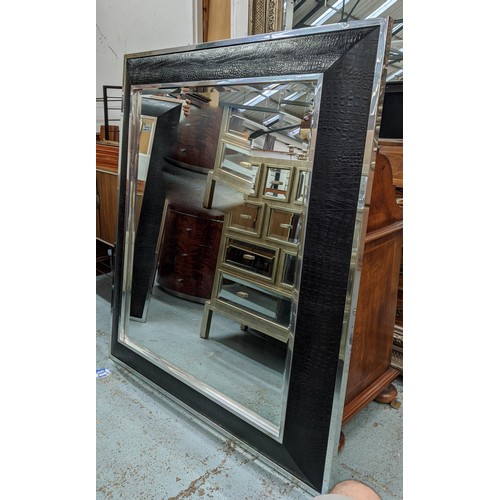 411 - WALL MIRRORS, a pair, 141.5cm x 121.5cm, faux crocodile upholstered frames, bevelled plate. (2)