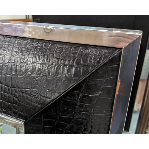 411 - WALL MIRRORS, a pair, 141.5cm x 121.5cm, faux crocodile upholstered frames, bevelled plate. (2)