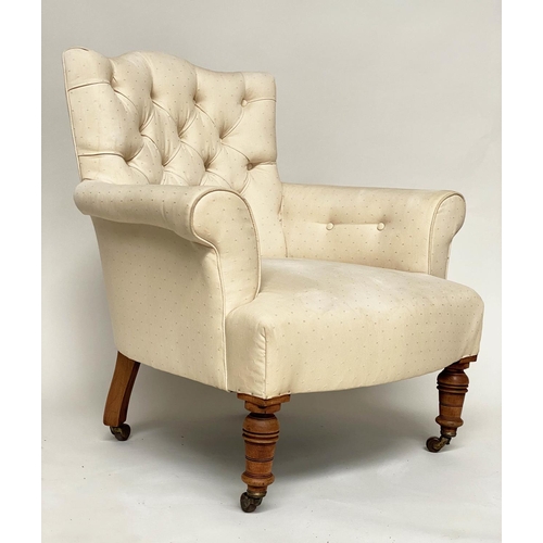 128 - ARMCHAIR, Victorian walnut with woven natural linen buttoned upholstery and turned front supports.