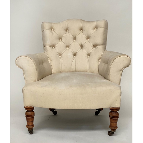 128 - ARMCHAIR, Victorian walnut with woven natural linen buttoned upholstery and turned front supports.