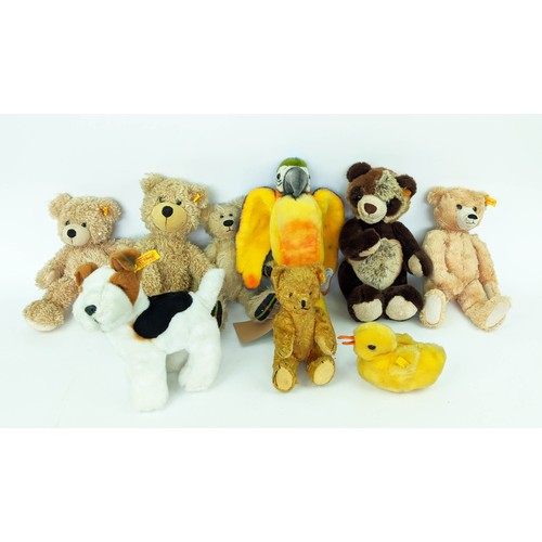 26 - STEIFF TEDDY BEARS, a collection of seven Steiff teddies including, three teddies, a panda, a parrot... 