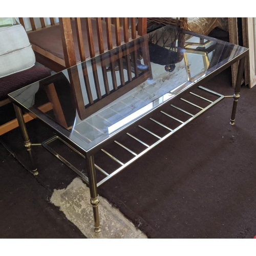 337 - LOW TABLE, mid century, brass with a smoked glass top, 41cm H x 91cm x 46cm.