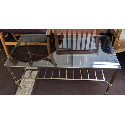 337 - LOW TABLE, mid century, brass with a smoked glass top, 41cm H x 91cm x 46cm.