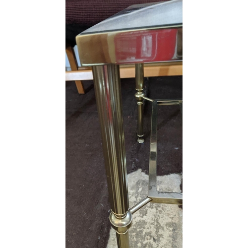 337 - LOW TABLE, mid century, brass with a smoked glass top, 41cm H x 91cm x 46cm.