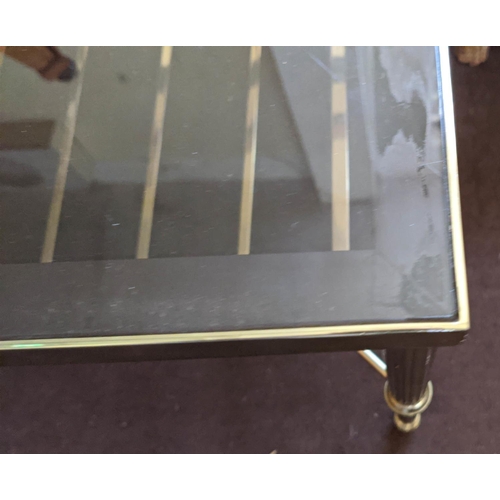 337 - LOW TABLE, mid century, brass with a smoked glass top, 41cm H x 91cm x 46cm.