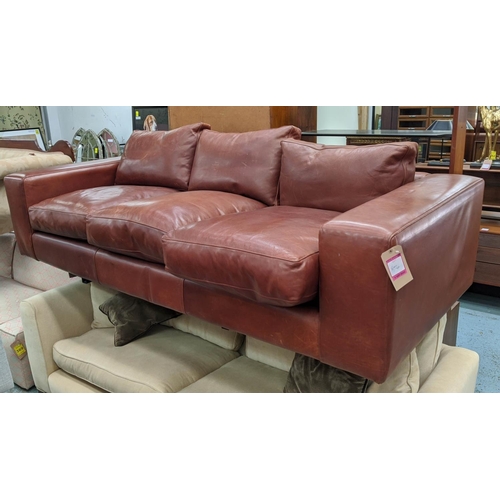 335 - TAN LEATHER SOFA, 250cm W x 70cm H x 99cm D.